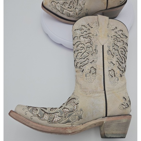 Corral T0021 Cream Glitter Inlay Snip Toe Boots Youth Toddler Wedding Sz 2T *EUC - Picture 7 of 15